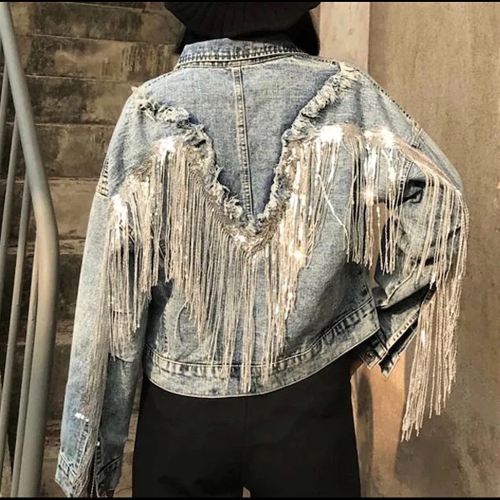 Brand New with tags, size small jacket with sparkly silver fringe.